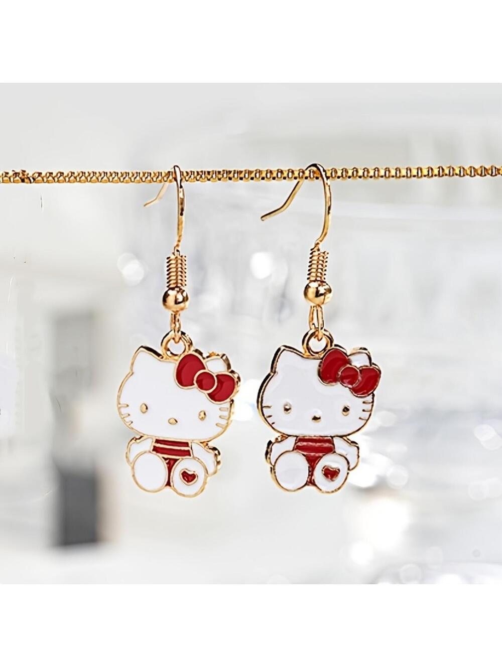 Hello Kitty Gold-Tone Dangle Earrings Red and White Enamel Charms